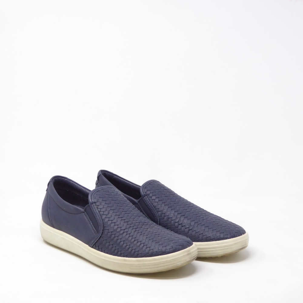 ECCO Womens Soft 7 Slip On Shoes Blue Woven Leather Sneakers 39 / 8-8.5